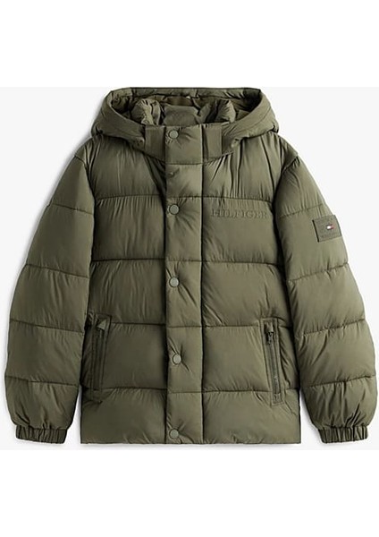 Erkek Çocuk Kabartma Yazı Logolu Kapüşonlu Şişme Mont - Haki