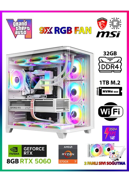 GTA-VI X32 Promax White 💎 Ryzen 7 5700X 32GB Ram 1TB M.2 Nvme SSD 8GB GDDR7 RTX5060 Ekran Kartı Oyuncu Masaüstü Bilgisayarı