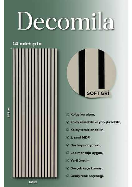 Mdf Ahşap Akustik Duvar Paneli 60X275 cm - Soft Gri (pvc) - Çizilmez