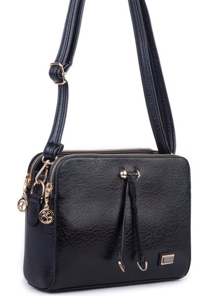 Kadın Ayarlanabilir Askılı Üç Gözlü Şık Çapraz Çanta Siyah Victoria