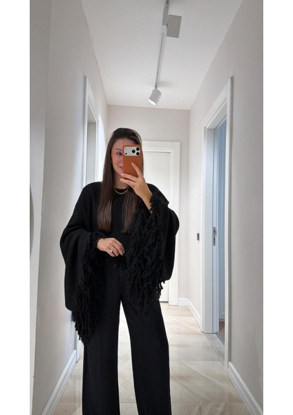 Kadın Püsküllü Triko Kazak Siyah