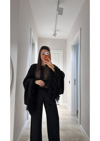 Kadın Püsküllü Triko Kazak Siyah modelleri