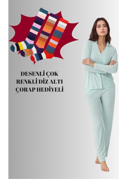 Kadın Modal Pamuklu Pijama Takımı Çorap Hediyeli QP9K1R1K5R