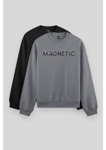 Rahat Form O Yaka 2li Paket Siyah-Gri Melanj Erkek Sweatshirt - 88020