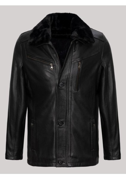 Hakiki Kuzu Derisi Yakası Kürklü Siyah Dört Cepli Düğmeli Erkek Deri Mont