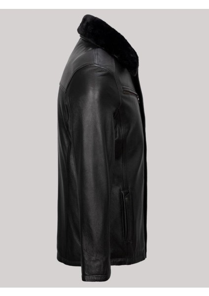 Hakiki Kuzu Derisi Yakası Kürklü Siyah Dört Cepli Düğmeli Erkek Deri Mont modelleri