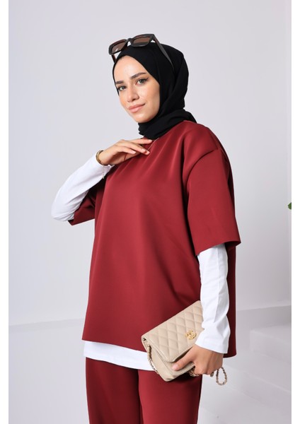 Kadın 3’lü Takım ♦ Scuba Kumaş ♦ Yüksek Bel Cepli Geniş Paça Pantolon ♦ Günlük Şık Kombin