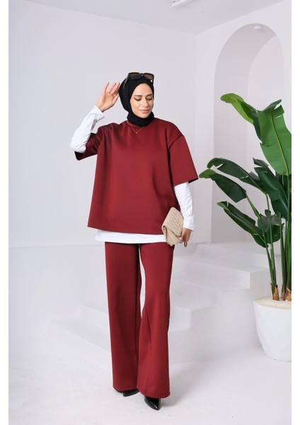 Kadın 3’lü Takım ♦ Scuba Kumaş ♦ Yüksek Bel Cepli Geniş Paça Pantolon ♦ Günlük Şık Kombin modelleri