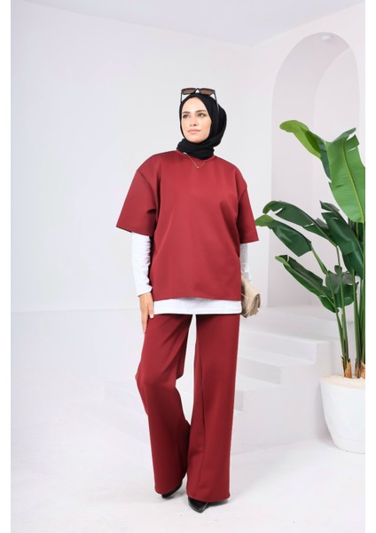 Kadın 3’lü Takım ♦ Scuba Kumaş ♦ Yüksek Bel Cepli Geniş Paça Pantolon ♦ Günlük Şık Kombin fırsatları