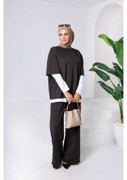 Kadın 3’lü Takım ♦ Scuba Kumaş ♦ Yüksek Bel Cepli Geniş Paça Pantolon ♦ Günlük Şık Kombin