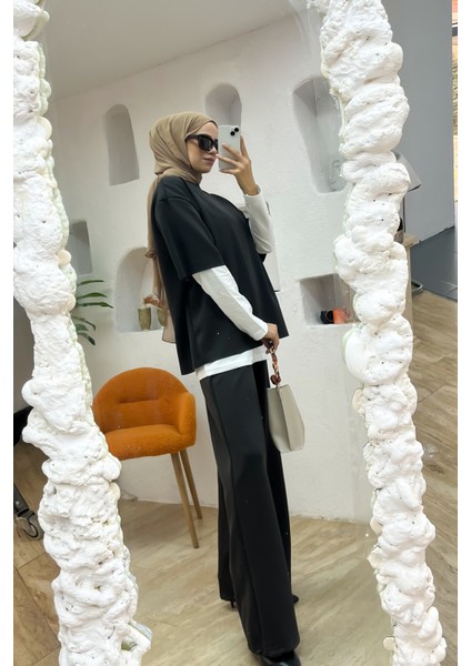 Kadın 3’lü Takım ♦ Scuba Kumaş ♦ Yüksek Bel Cepli Geniş Paça Pantolon ♦ Günlük Şık Kombin modelleri