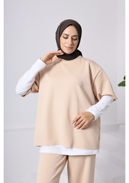 Kadın 3’lü Takım ♦ Scuba Kumaş ♦ Yüksek Bel Cepli Geniş Paça Pantolon ♦ Günlük Şık Kombin