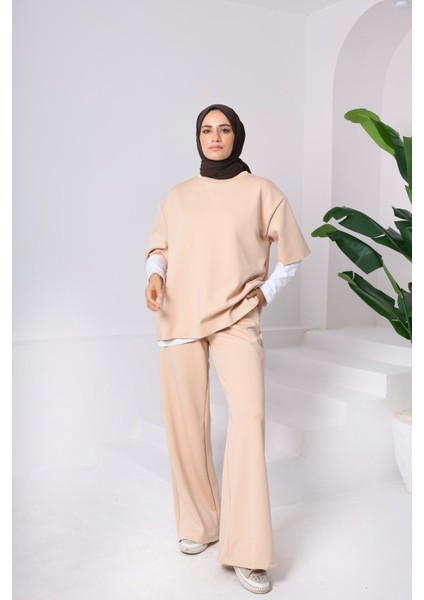 Kadın 3’lü Takım ♦ Scuba Kumaş ♦ Yüksek Bel Cepli Geniş Paça Pantolon ♦ Günlük Şık Kombin modelleri