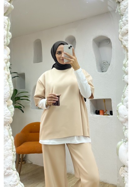 Kadın 3’lü Takım ♦ Scuba Kumaş ♦ Yüksek Bel Cepli Geniş Paça Pantolon ♦ Günlük Şık Kombin indirimleri