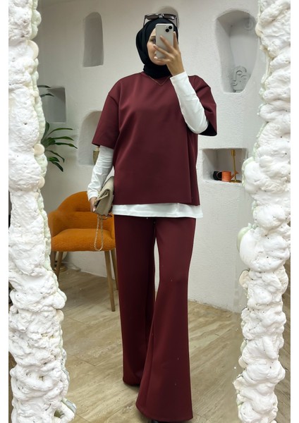 Kadın 3’lü Takım ♦ Scuba Kumaş ♦ Yüksek Bel Cepli Geniş Paça Pantolon ♦ Günlük Şık Kombin indirimleri