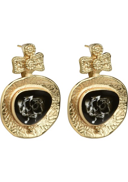 Fiyonk Detaylı Siyah Mineli Küpe