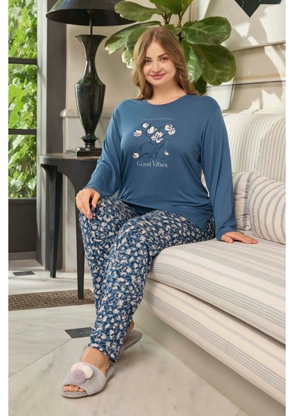Büyük Beden Viskon Kadın Uzun Kol Pijama Takımı 240660 Mavi modelleri