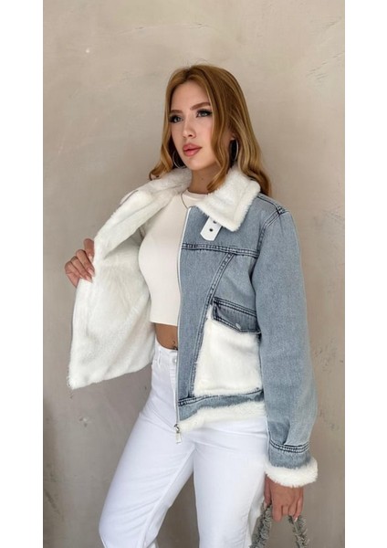 Kadın Kemer Detay Kürklü Kot Mont Buz Mavi