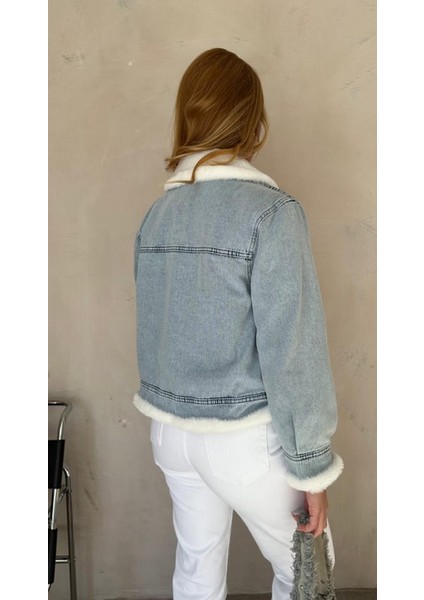 Kadın Kemer Detay Kürklü Kot Mont Buz Mavi fiyatları