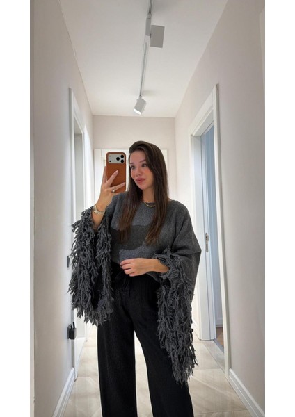 Kadın Püsküllü Triko Kazak Antrasit