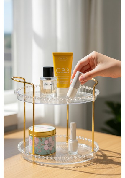 Altın Detaylı 2 Katlı Akrilik Organizer – Makyaj ve Takı Düzenleyici