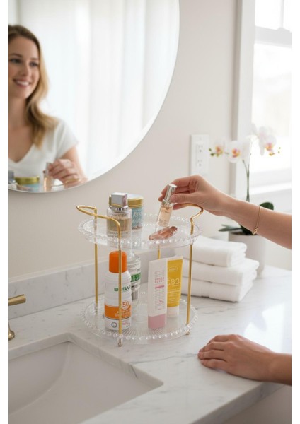 Altın Detaylı 2 Katlı Akrilik Organizer – Makyaj ve Takı Düzenleyici fiyatları