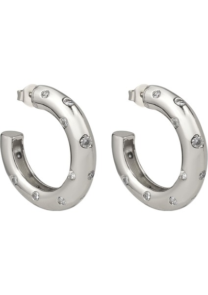 Taş Detaylı Silver Yarım Halka Küpe