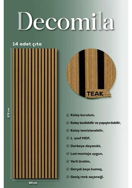 Mdf Ahşap Akustik Duvar Paneli 60X275 cm - Teak