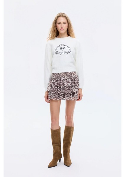 Kadın Nakışlı Bisiklet Yaka Triko Kazak Ekru modelleri