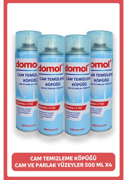 Cam Temizleme Köpüğü Cam ve Parlak Yüzeyler 500 ml X4 Adet