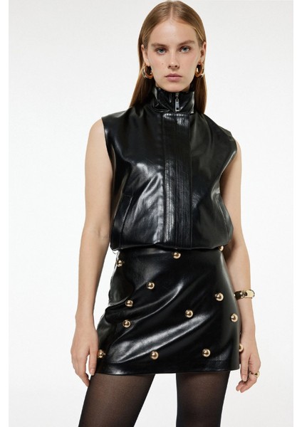 Kadın Cepli Fermuarlı Dik Yaka Suni Deri Yelek 6WAK20071UW