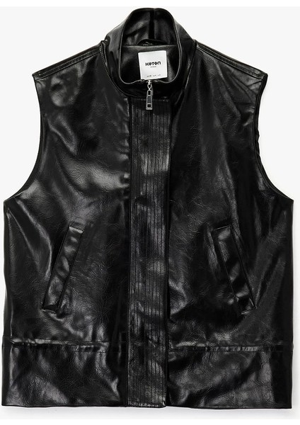 Kadın Cepli Fermuarlı Dik Yaka Suni Deri Yelek 6WAK20071UW modelleri