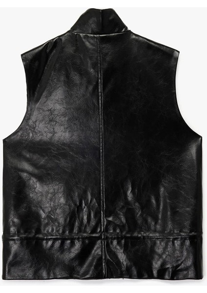 Kadın Cepli Fermuarlı Dik Yaka Suni Deri Yelek 6WAK20071UW fırsatları