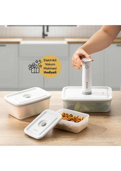Freshlock Vakum Makineli 3'lü Saklama Kabı Beyaz