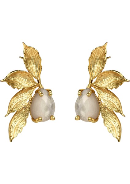 Yaprak Figürlü Beyaz Kuvars Küpe