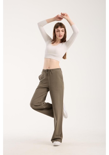 %100 Pamuk Geniş Paça Bağcıklı Kadın Pantolon/eşofman Altı
