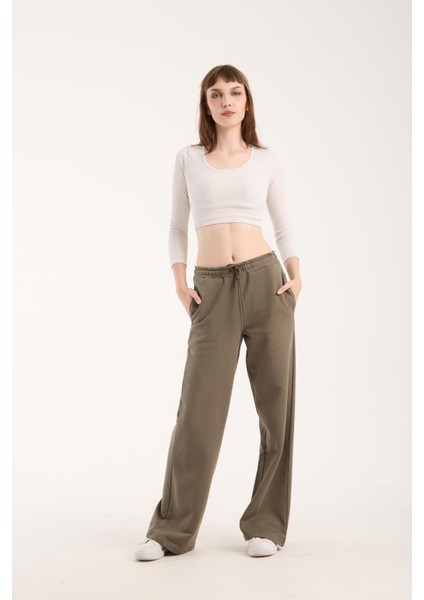 %100 Pamuk Geniş Paça Bağcıklı Kadın Pantolon/eşofman Altı