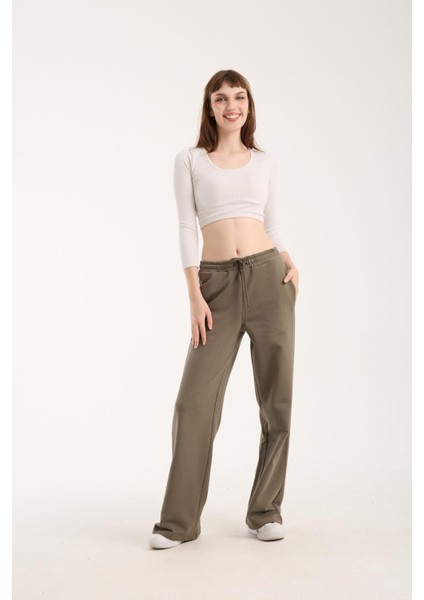 %100 Pamuk Geniş Paça Bağcıklı Kadın Pantolon/eşofman Altı