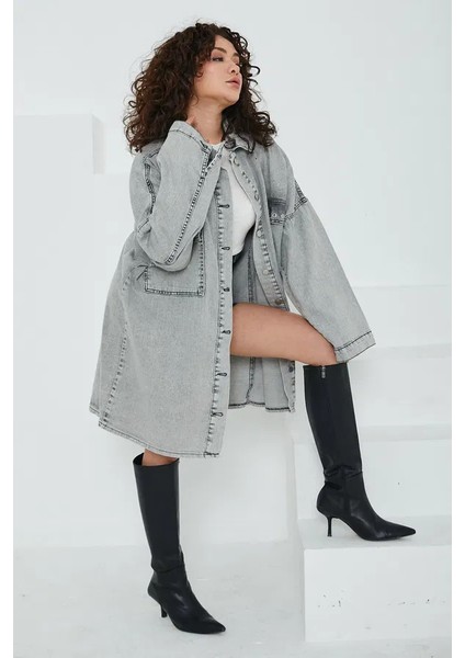 Düz Gömlek Yaka Kadın Gri Kuş Gözü Cepli Kot Ceket fiyatları