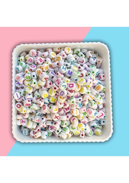 Harf Boncuk Küp Şekilli Beyaz Üzeri Renkli Takı Yapım Boncuğu - MCHS21-7