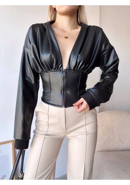 Kapşonlu Yarım Fermuarlı Ceket Siyah H24116