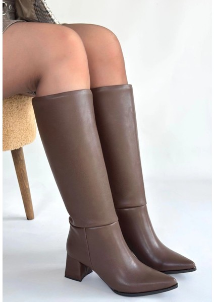 Roksa Acı Kahvei Cilt Topuklu Çizme