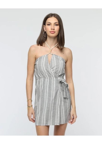 Kuşaklı Çizgili Mini Keten Elbise