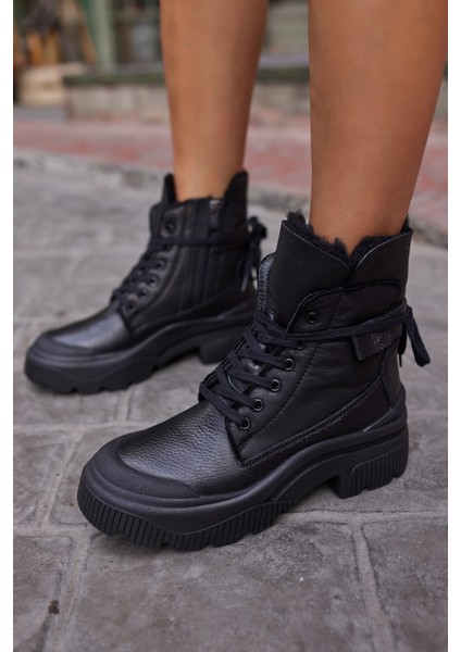 Holborn Kadin Siyah Gercek Deri Gercek Kurk Detayli Bot