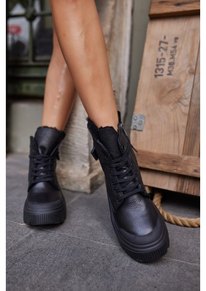 Holborn Kadin Siyah Gercek Deri Gercek Kurk Detayli Bot