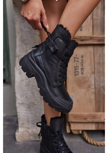 Holborn Kadin Siyah Gercek Deri Gercek Kurk Detayli Bot