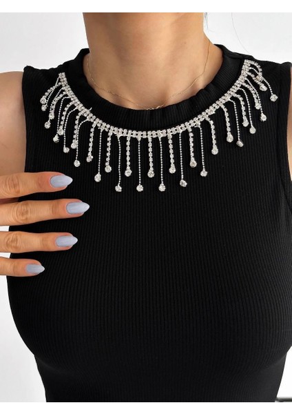 Fitilli Kaşkorse Yakası Zincirli Atlet Siyah