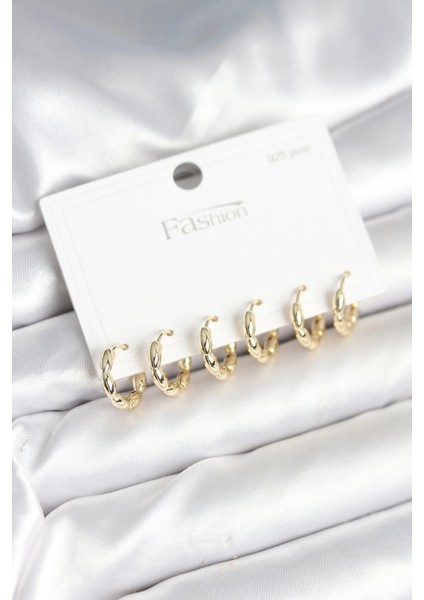 Bfs Pirinç Gold Renk Baklalı Halka 925 Gümüş Çivi Kadın Küpe Seti