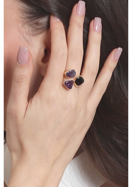Kadın Ametist Doğal Taşlı Iki Telli El Yapımı Ayarlanabilir Tasarım Yüzük