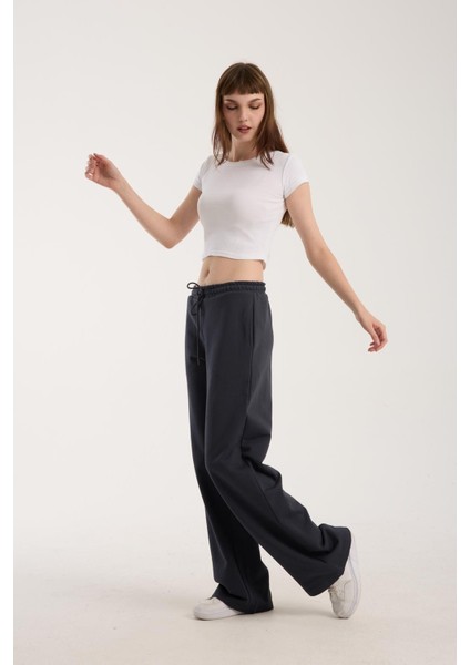 %100 Pamuk Geniş Paça Bağcıklı Kadın Pantolon/eşofman Altı